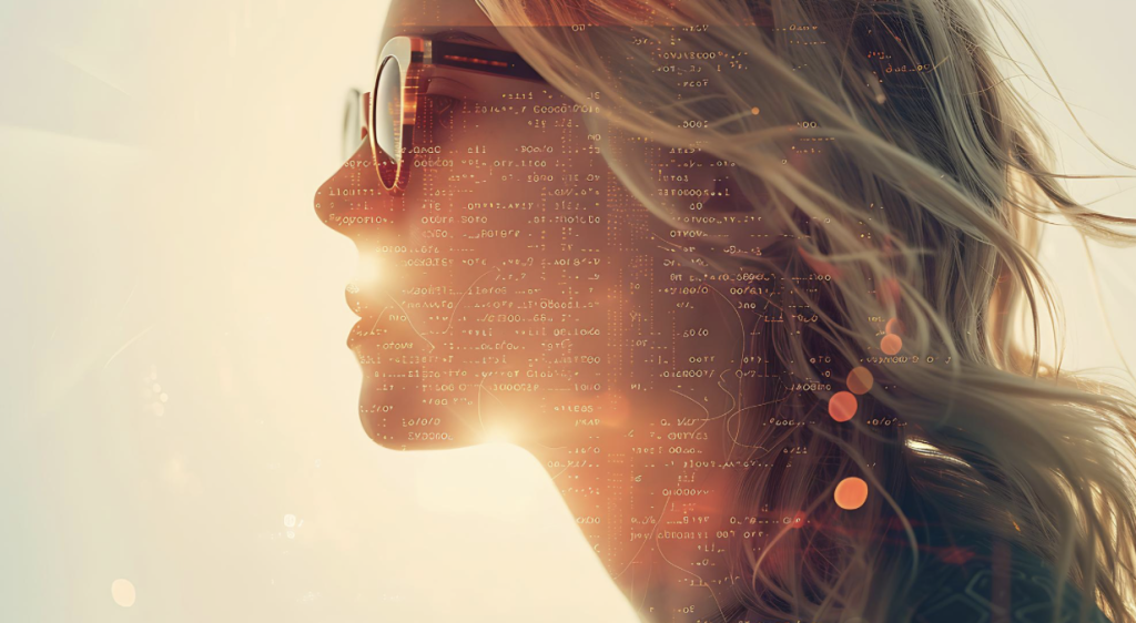 woman in sunglasses with digital code overlay