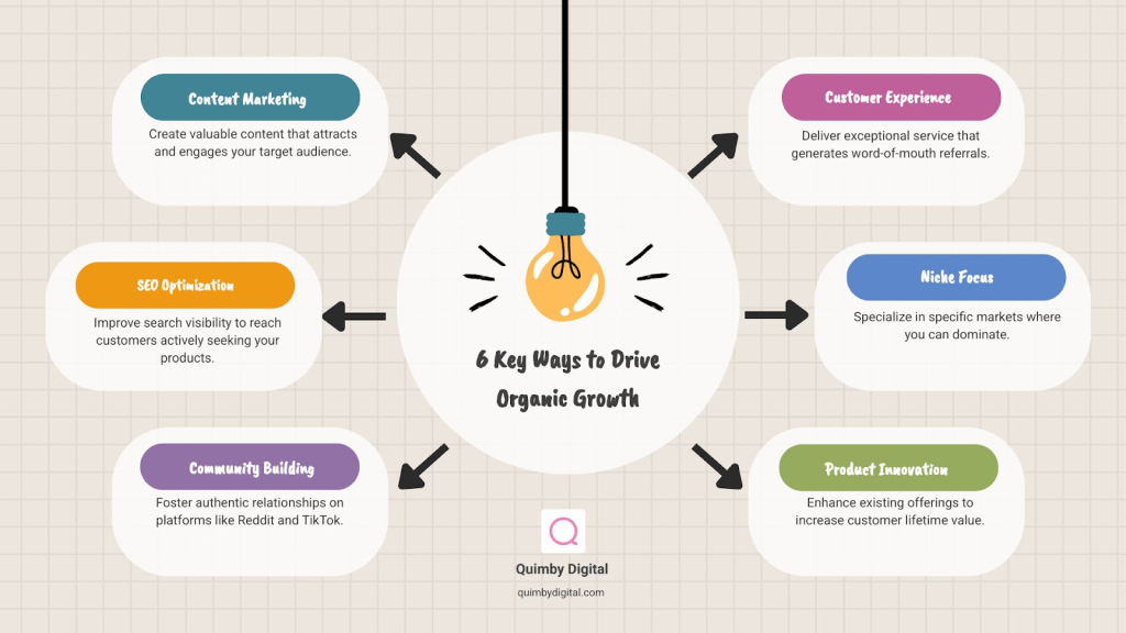 Infographic showing organic growth strategies including content marketing funnel from awareness to advocacy, community building cycle with engagement and user-generated content, SEO process from keyword research to ranking, customer experience journey from first touch to referral, and product development loop with feedback integration - Drive organic growth infographic brainstorm-6-items graph with a light bulb