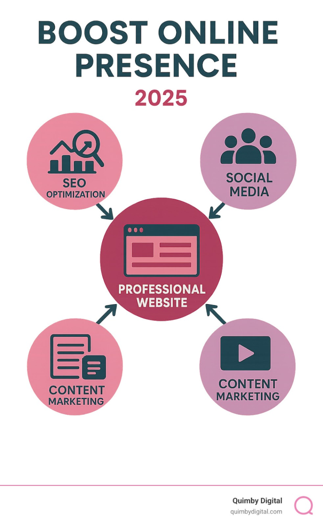 Infographic showing the four key pillars of a strong online presence: a professional website at the center, surrounded by SEO optimization with search rankings, active social media engagement with community icons, and valuable content marketing with blog posts and videos - Boost online presence infographic graph for boost online presence