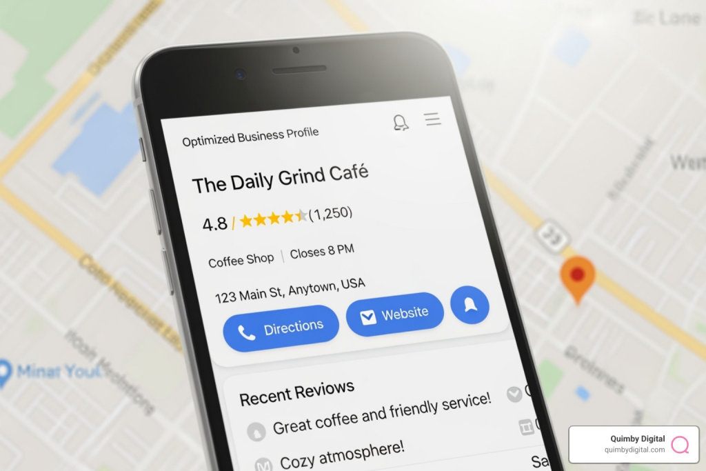 of a well-optimized Google Business Profile on a map - Boost online presence smartphone and map showing cafe