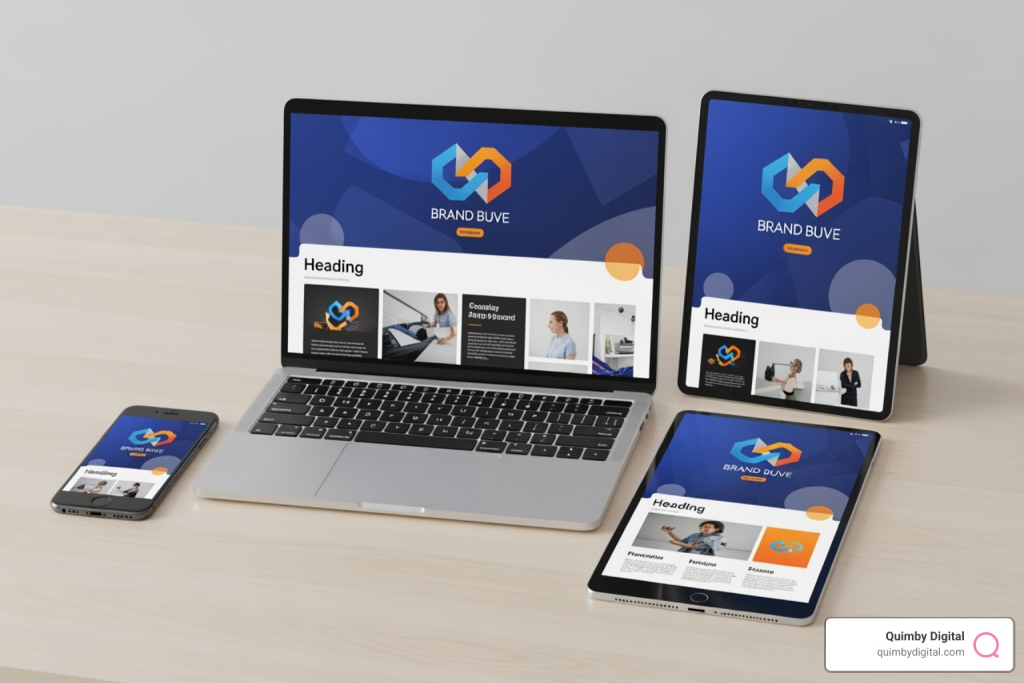 A cohesive brand style guide across different devices, showing consistent logo, colors, and typography on a laptop, tablet, and smartphone screen. - Tech brand strategy iPad, smartphone brand buve