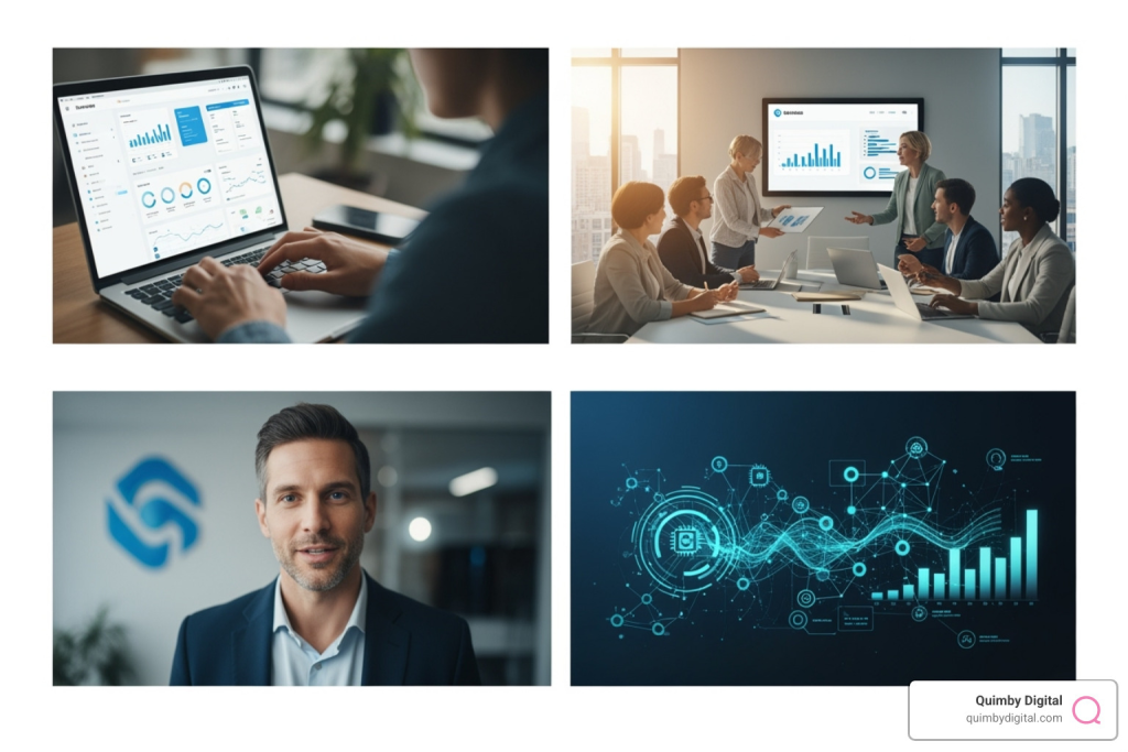 A storyboard for a tech brand video, showing scenes like a user interacting with software, a team collaborating, a founder speaking, and animated data visualizations. - Tech brand strategy four image business