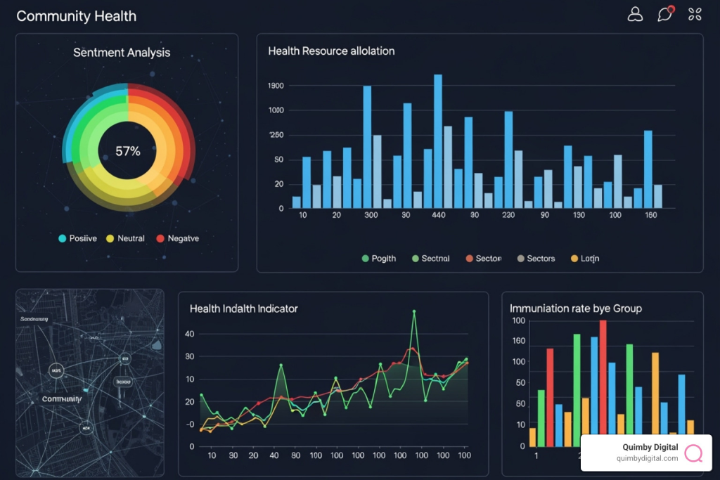 A dashboard showing qualitative and quantitative community health metrics, symbolizing comprehensive impact measurement - Authentic community engagement bar chart and graph