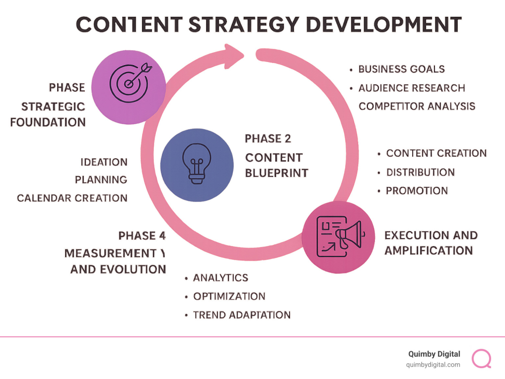 Infographic showing the four core phases of content strategy development: Phase 1 - Strategic Foundation (business goals, audience research, competitor analysis), Phase 2 - Content Blueprint (ideation, planning, calendar creation), Phase 3 - Execution and Amplification (content creation, distribution, promotion), and Phase 4 - Measurement and Evolution (analytics, optimization, trend adaptation) - Content strategy development infographic content strategy development