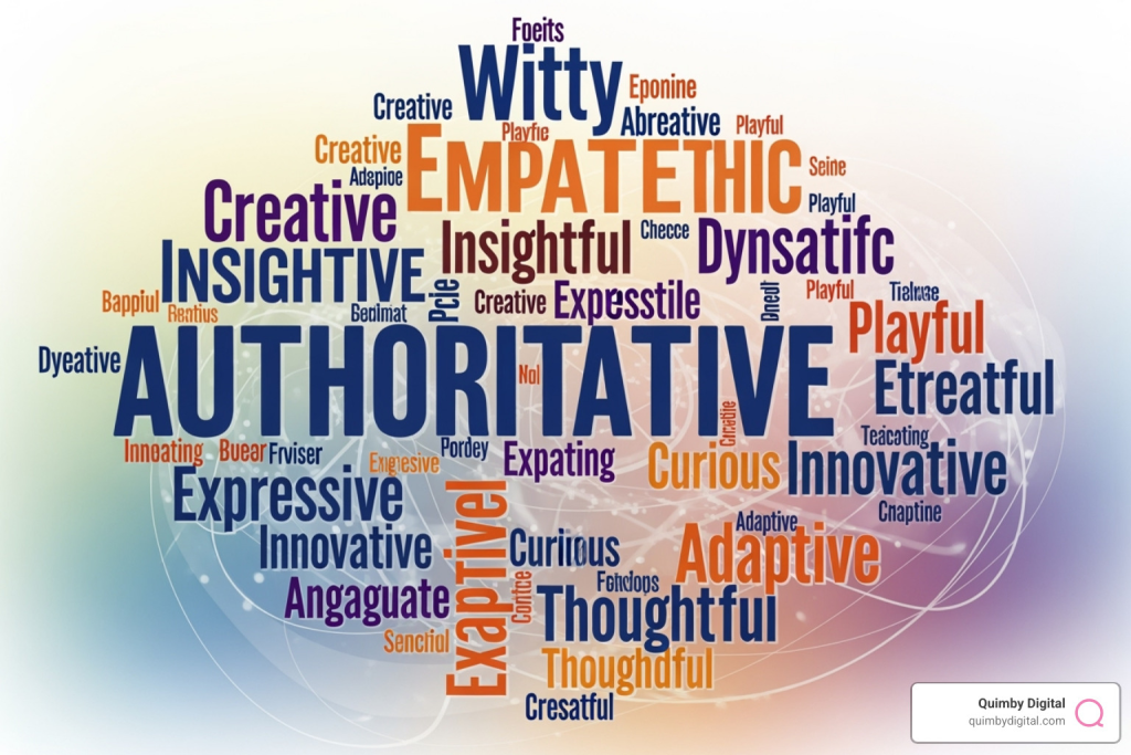 word cloud with brand voice adjectives like "Witty," "Empathetic," "Authoritative," and "Playful" - Authentic brand voice Words representing various personality traits