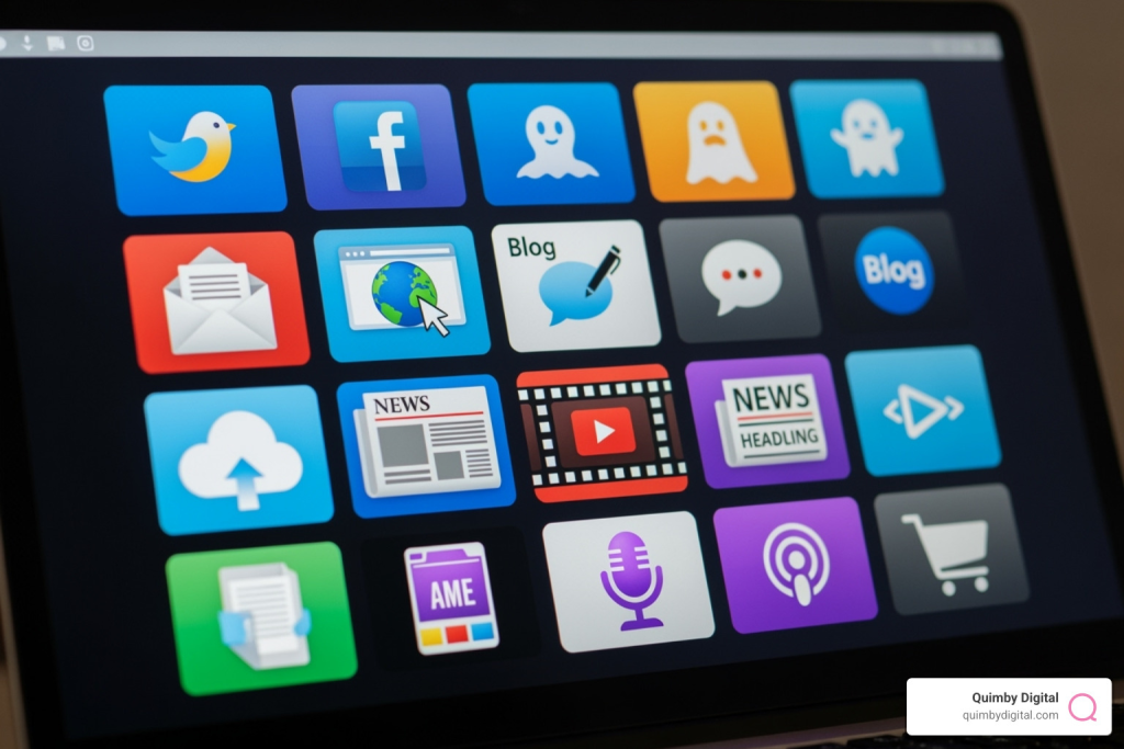 various content distribution channels on a screen - Content strategy development multiple social media icon