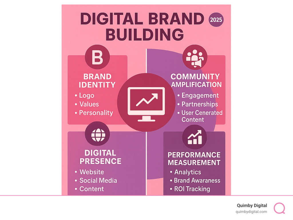 Infographic showing the four key pillars of digital brand building: Brand Identity (logo, values, personality), Digital Presence (website, social media, content), Community Amplification (engagement, partnerships, user-generated content), and Performance Measurement (analytics, brand awareness metrics, ROI tracking) - digital brand building infographic graph digital brand building