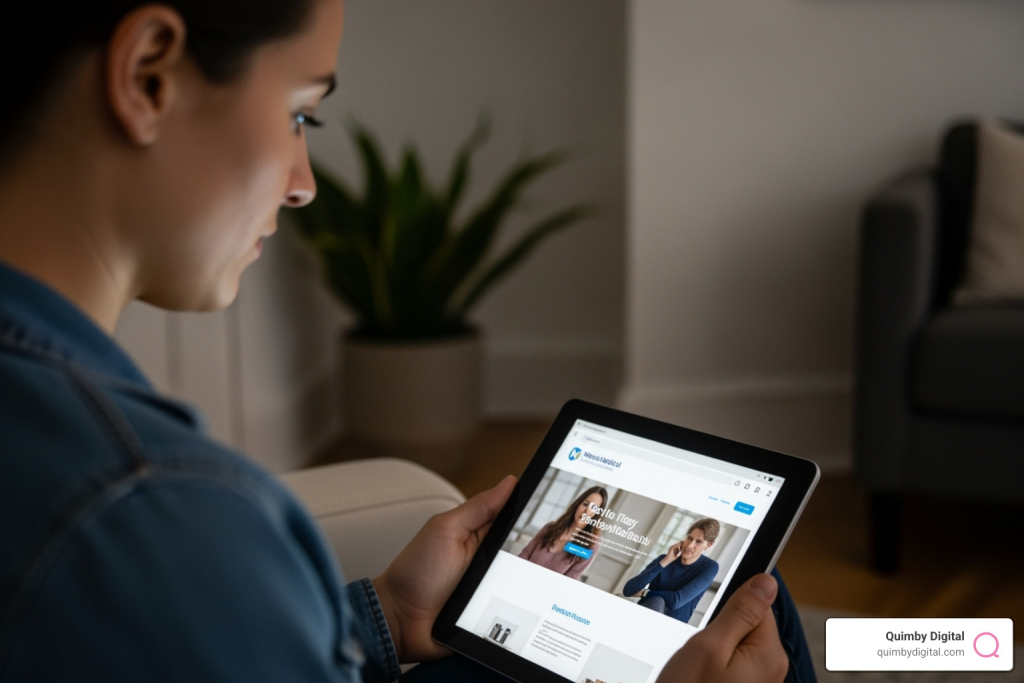 Person holding a tablet and browsing a medical website while seated indoors
