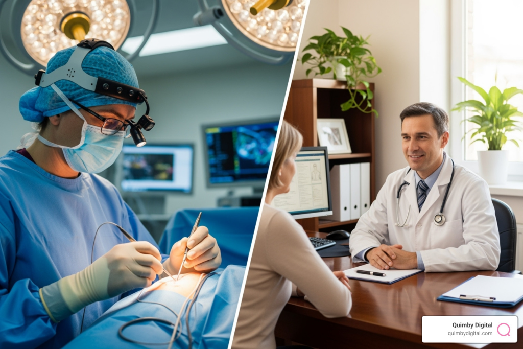 Split image showing a surgeon performing an operation on the left and a doctor consulting with a patient in an office on the right
