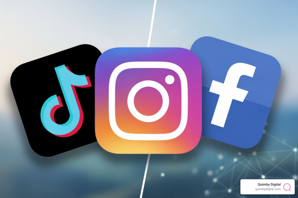 Logos of TikTok, Instagram, and Facebook displayed side by side.