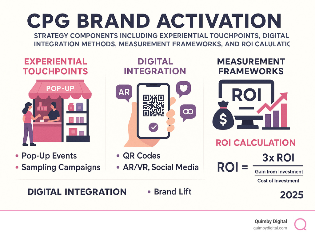 Comprehensive infographic showing CPG brand activation strategy components including experiential touchpoints, digital integration methods, measurement frameworks, and ROI calculation formulas with visual examples of successful pop-up events, sampling campaigns, and social media amplification - CPG brand activation infographic CPG brand activation strategy overview