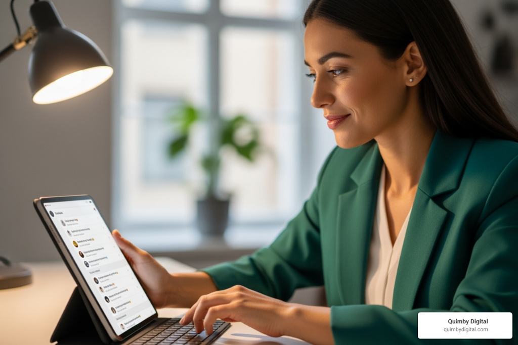 woman looking at a iPad with keyboard 