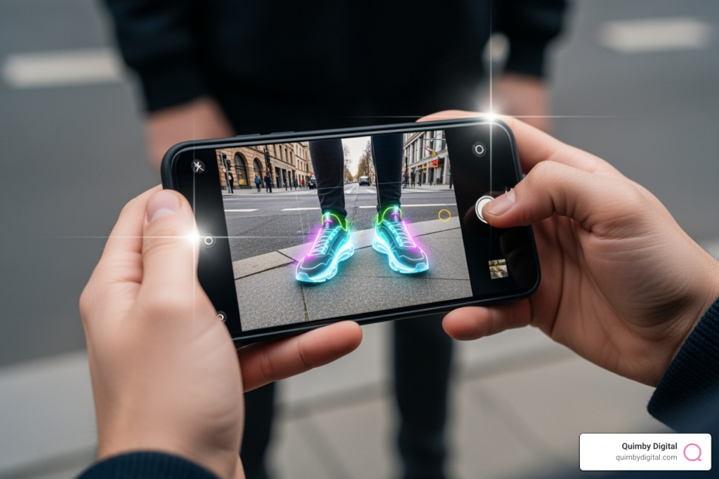 User trying on virtual sneakers using an AR app - Social media innovation Phone screen showing AR sneakers on a person's feet.