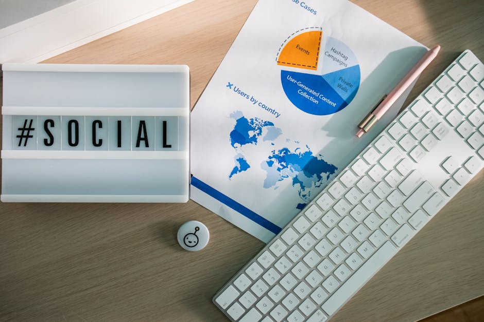 Social media analytics dashboard - Social media innovation Desk with #SOCIAL sign, charts, keyboard, and pen.