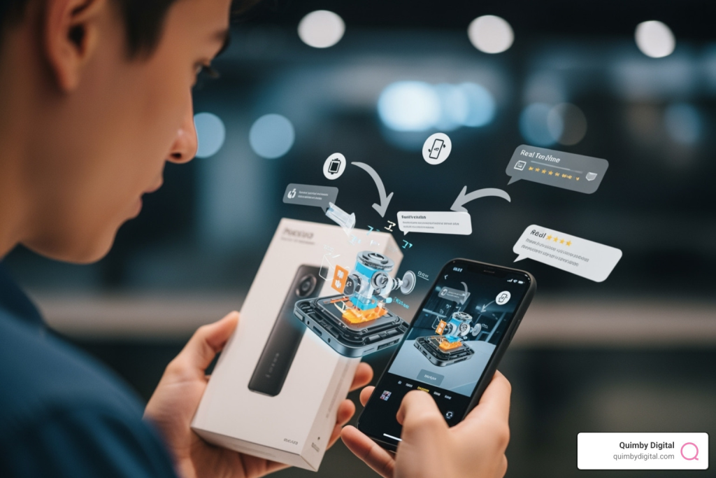 Consumer interacting with an AR-enabled product package - CPG brand activation Person interacting with smartphone technology.