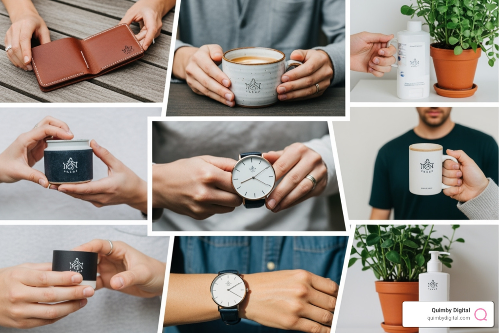 Collage of lifestyle product photos including mugs, candles, watch, wallet, and skincare.