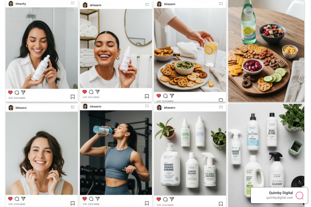 Collage showcasing successful, anonymous CPG influencer campaign posts - CPG influencer marketing Collage of Instagram-style posts featuring skincare, food, drinks, fitness, and cleaning products