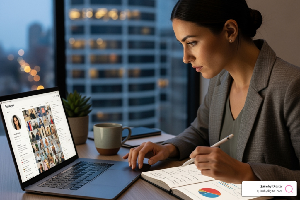 Marketing manager analyzing an influencer's profile on a laptop - CPG influencer marketing Businesswoman analyzing social media on laptop with notes and charts.