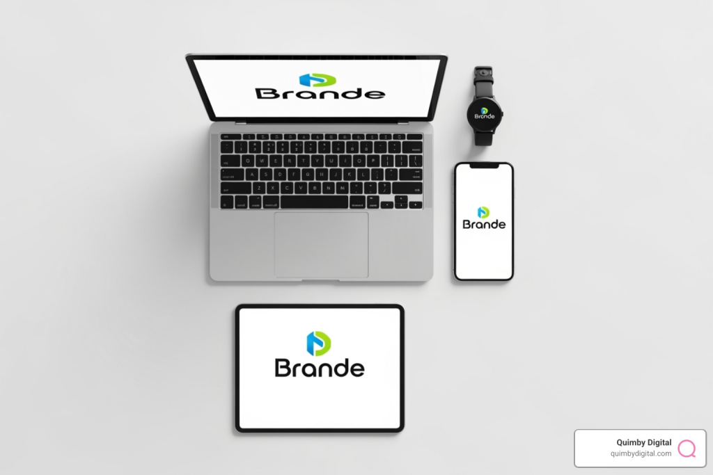 Cohesive brand identity across multiple devices - Brand awareness growth Branded logo displayed on laptop, tablet, smartphone, and smartwatch