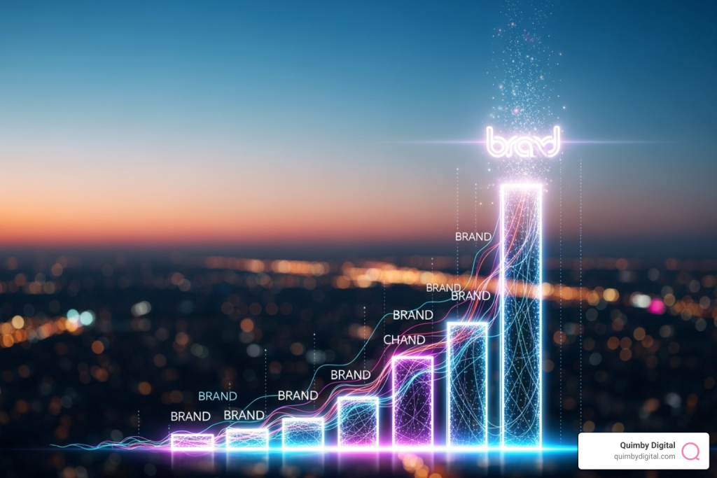 Collage of engaging brand posts on TikTok, Reddit, and Instagram - Brand awareness growth Glowing bar chart rising upward with the word 'brand' at the top.