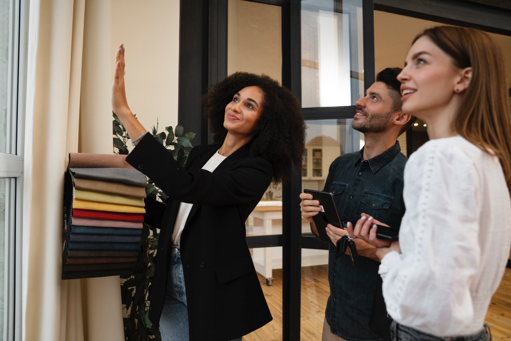 three people doing colors coding for the curtains
