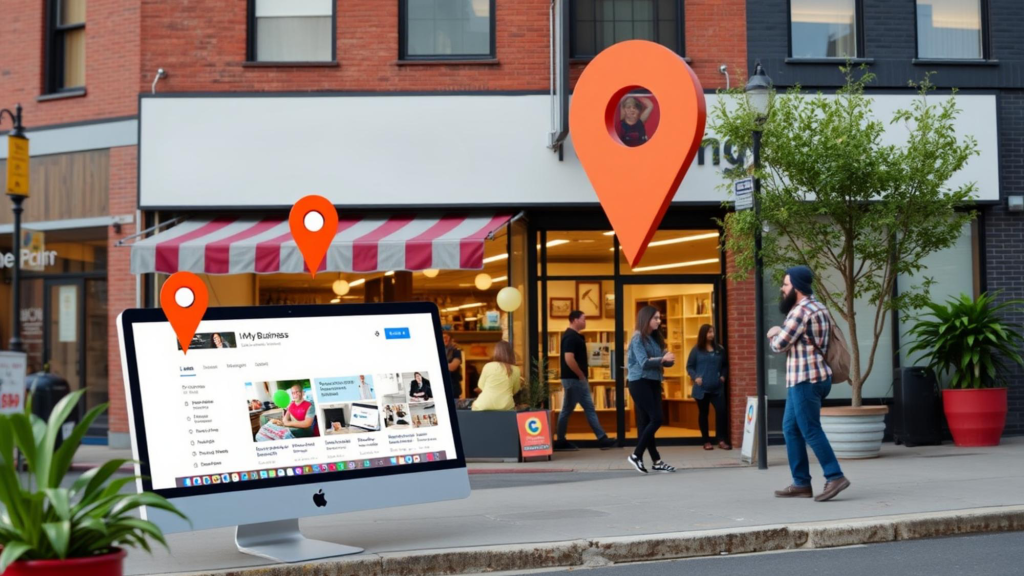 shops with people walking and computers and pin points 