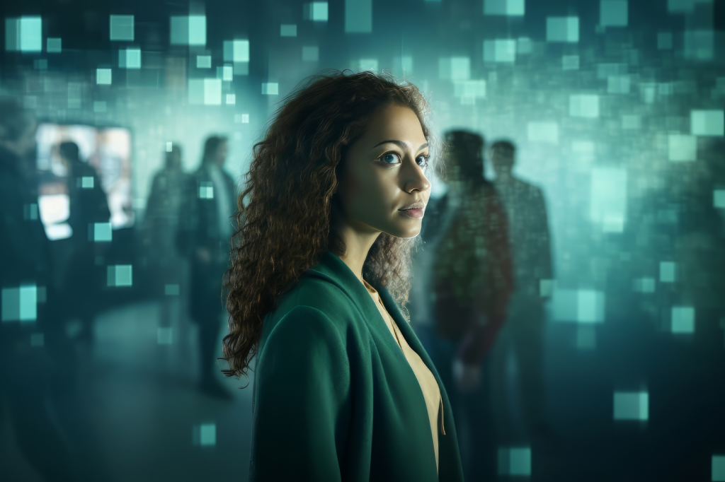 Businesswoman working with modern virtual technologies hands touching the screen.