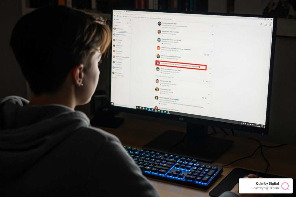 of a community manager interacting with comments on a screen - Facebook community management Person using computer in dim light.