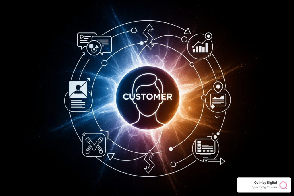 Flowchart showing the core components of an engagement strategy: Authentic Brand Voice, Omnichannel Support, Data-Driven Personalization, and Continuous Feedback Loops, all centered around the customer - Customer engagement strategy Customer-centric digital transformation concept