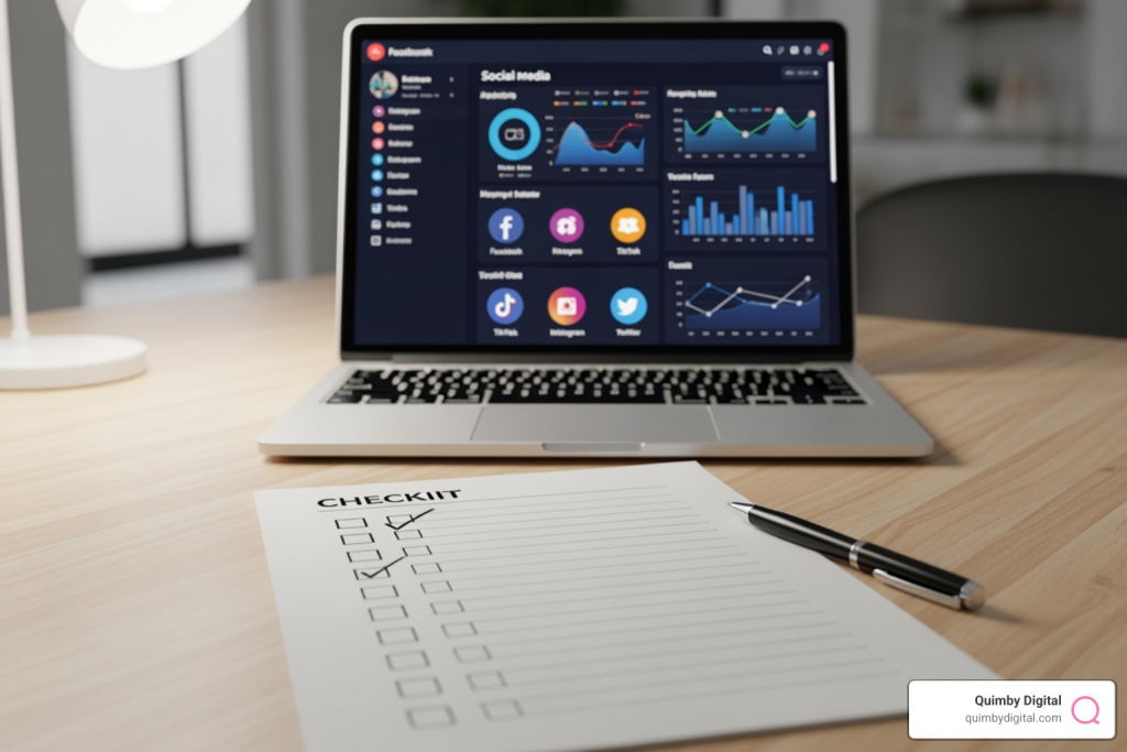 social media audit checklist - Social media audits Laptop with social media dashboard displayed