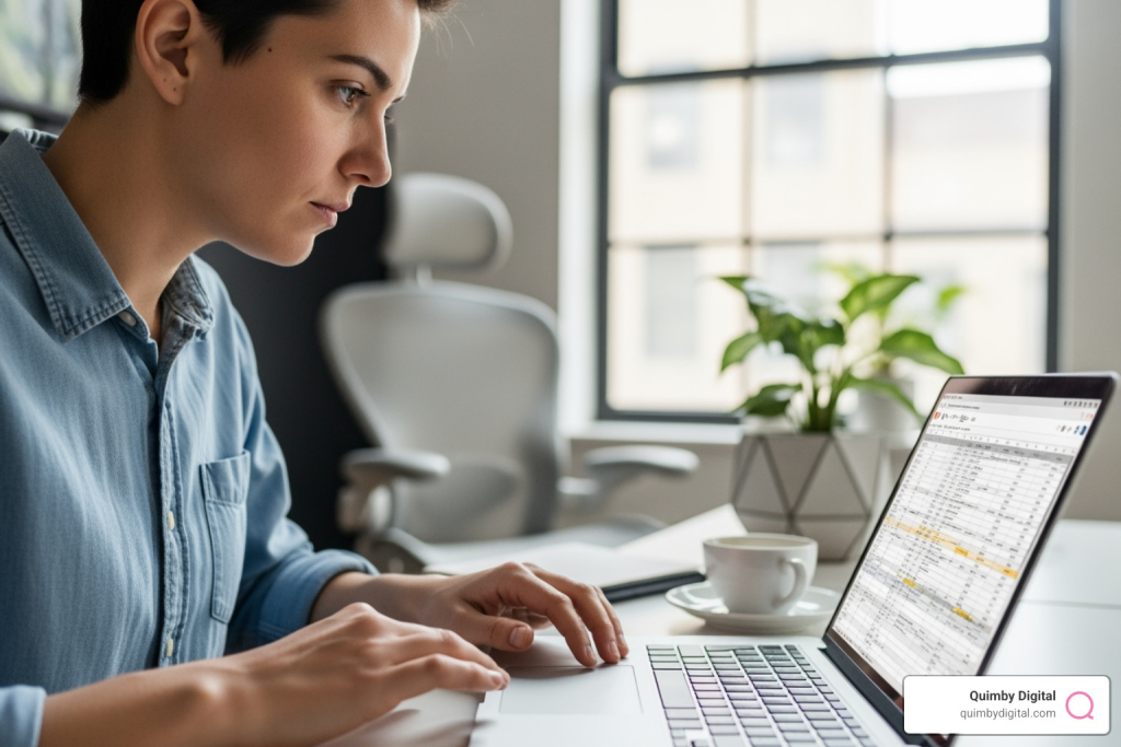 person using laptop with template - Social media audits Person working on laptop in office.