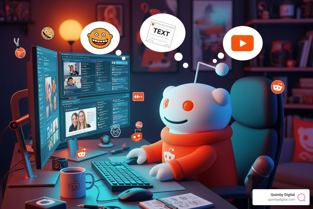 Cute character interacting with digital content.