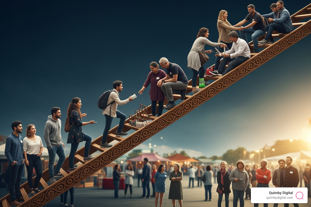 People ascending a decorative staircase.