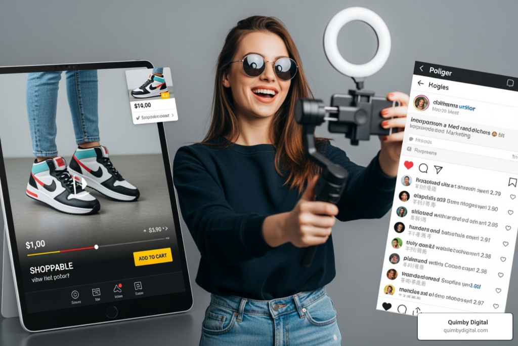 collage of influencer content, shoppable video ads, and social media community engagement - CPG digital strategy Person showcasing product with tablet