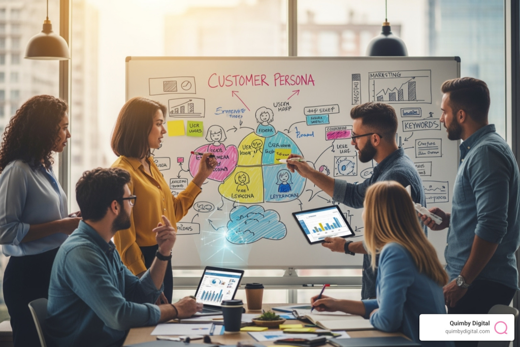 marketing team collaborating around a whiteboard with customer personas - Niche audience targeting Team brainstorming customer persona strategies.