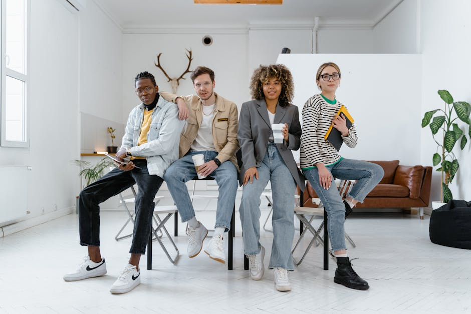 Group of friends in stylish outfits.