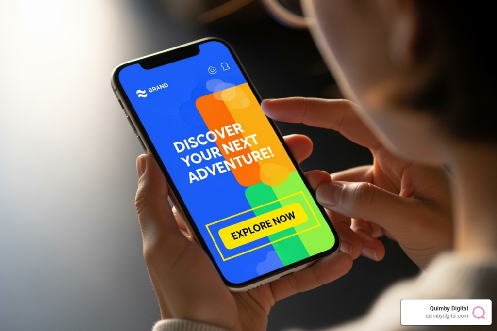 A user engaging with a brand's interactive content on a smartphone, showing vibrant visuals and an inviting call to action - Customer engagement strategy Colorful mobile app promoting exploration