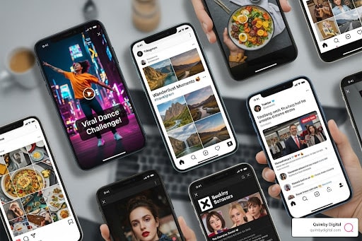 showing a collage of engaging social media posts on different platforms like TikTok and Instagram - Boost online presence multiple phone showing social media
