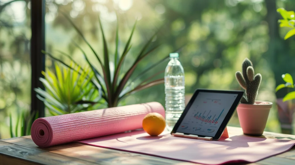rolled yoga mat tablet water bottle
